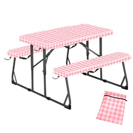 33" L x 20" W x 3" H Pink Grid Picnic Table Cover for Kids, Fitted Tablecloth for Outdoors Vinyl Waterproof Cloth for Camping Home Goods Indoor Outdoor Patio BBQ