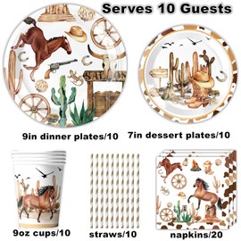 Cowboy Party Supplies, Complete Pack Western Party Tableware Set Including Western Cowboy Party Plates Cups Napkins Straws Serves 10 for Western Cowboy Party Decorations