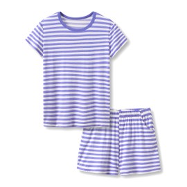 Tebbis Soft Modal Purple Striped Pajamas for Girls Jersey Shirt & Shorts Set Jammies Big Kid Size 16