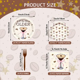 96 Pieces Coffee Martini Tableware Set Party Supplies – “A Tini Bit Older” Themed Disposable Dinnerware with Paper Plates, Napkins, and Forks for Adult Birthday Celebrations – Serves 24