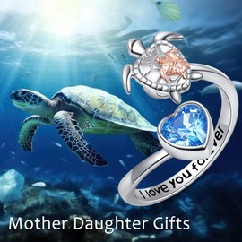 POPLYKE Sea Turtle Rings for Women Sterling Silver Fidget Rings for Anxiety Mother Child Turtle Rotatable Mood Rings Gifts