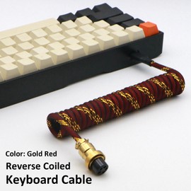KCSJXF Reverse Coiled Type-C Cable for Gaming Keyboard, Double-Sleeved Mechanical Keyboard Cable with Gold Metal GX16 Aviator, 1.5M USB-C to USB-A (Gold Red)