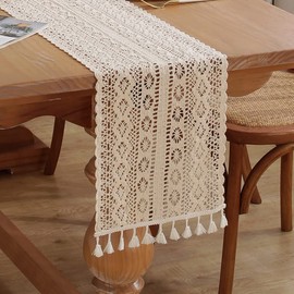 meioro Crochet Table Runners, 26x120cm Lace Table Runner Classic Beige Wedding Tablecloth Vintage Tassel Table Cover for Kitchen Dining Holiday Party Decoration(Style C)