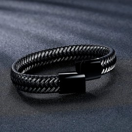 Viwind Men's Microfibre PU Leather Bracelet Stainless Steel 20.5 cm Black Braided Bracelet for Teenagers Men Gift, Microfibre PU