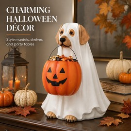 Halloween Ghost Dog Pumpkin Resin Figurine Hand-Painted Outdoor Indoor Holiday Decoration
