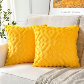 Artscope Pack of 2 Soft Plush Short Wool Velvet Decorative Cushion Covers Luxury Style Throw Pillow Covers European Pillow Shell for Sofa Bedroom Diamond Shape Yellow, 45x45cm