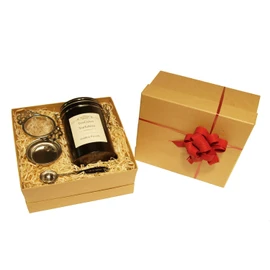 Golden Pu-erh Tea Gift Set Loose Leaf Tea 5yr Aged Mellow pu erh Wrapped 100g in Caddy with Tea Strainer and Measuring Spoon by TeaCakes of Yorkshire.