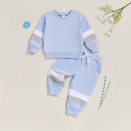 XIXIMAON Toddler Boy Outfit Autumn Winter Clothes Contrast Color Patchwork Long Sleeve Sweatshirt Tops Trouser Set Baby Jumpers Boy Tracksuit 2Piece (SKY BLUE, 18-24 Months)
