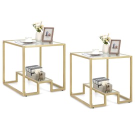 NAFORT Glass Nightstand Set of 2, Gold Square Sofa Side Table with Storage Shelf, Tempered Glass & Metal Frame, Easy to Assemble, Modern End Table for Bedroom Living Room Balcony/Gold, Set of 2