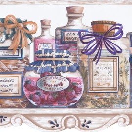 CONCORD WALLCOVERINGS ™ Wallpaper Border Vintage Pattern Jars Tomato Souce Olive Oil on The Shelf, Die Cut Edge for Kitchen Cottage Farmhouse, Beige Blue Brown, 15 ft by 10 in 3578564