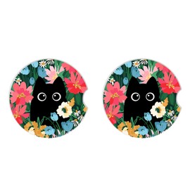Cute Black Cat Ceramic Cup Holders Car Coasters Set for Women/Men,Drink Cup Car Holder Coasters with A Finger Notch 2.56" Pack of 2.