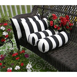 Resort Spa Home Decor Indoor/Outdoor Set of 4 Decorative Bolster/Neckroll and Rectangle/Lumbar Pillows - Black and White Stripe