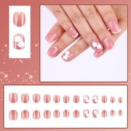 Press On Nails French Tip Press On Nails 3D White Flower Pearl Nail Simplicity Stick On Nails Acrylic Fake Nail Kit Press On Nails For Women 24pcs