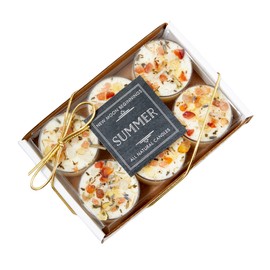 Summer Candle by New Moon Beginnings - Soy Candles - All Natural Aromatherapy Candle - Dried Herb, Flower, & Crystal Candles - Citrus Coconut Candle - Set of 6 Tealights