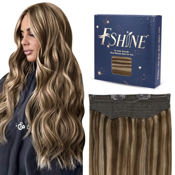 Fshine Hair Extension, Invisible Wire, Human Hair, Brown and Blonde, Streaks, Silky, 40 cm/16 cm, Remy Hair Extensions, 80 g