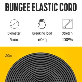 Kamu Synber Bungee Cord 5mm x 20m Elastic Shock Cord Bungee Rope for Tarpaulin, Kayak, Tie Down, Camping | Black