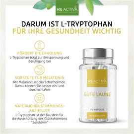 HS Activa L-Tryptophan hochdosiert mit 500mg je Tagesdosis [60 Kapseln] – Mit Magnesiumcitrat, Zinkcitrat & Vitamin B3, B6 für eine bessere Aufnahme – Laborgeprüft & Vegan – Made in Germany