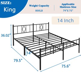 FONTOI King Size Bed Frame, 14 Inch Metal Platform Bed with Iron-Art Headboard & Footboard, Max 3500lbs Metal Slat Support, Bed Frame with No Box Spring Needed, Under Bed Storage, Black