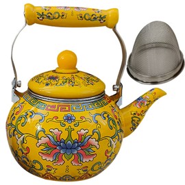 Healeved Enamel Tea Kettle with Ceramic Handle and Infuser 2.2L Water Kettle Coffee Pot Classic Floral Tea Kettle Steel Teapot for Stovetop Induction Cooker No Whistling Yellow