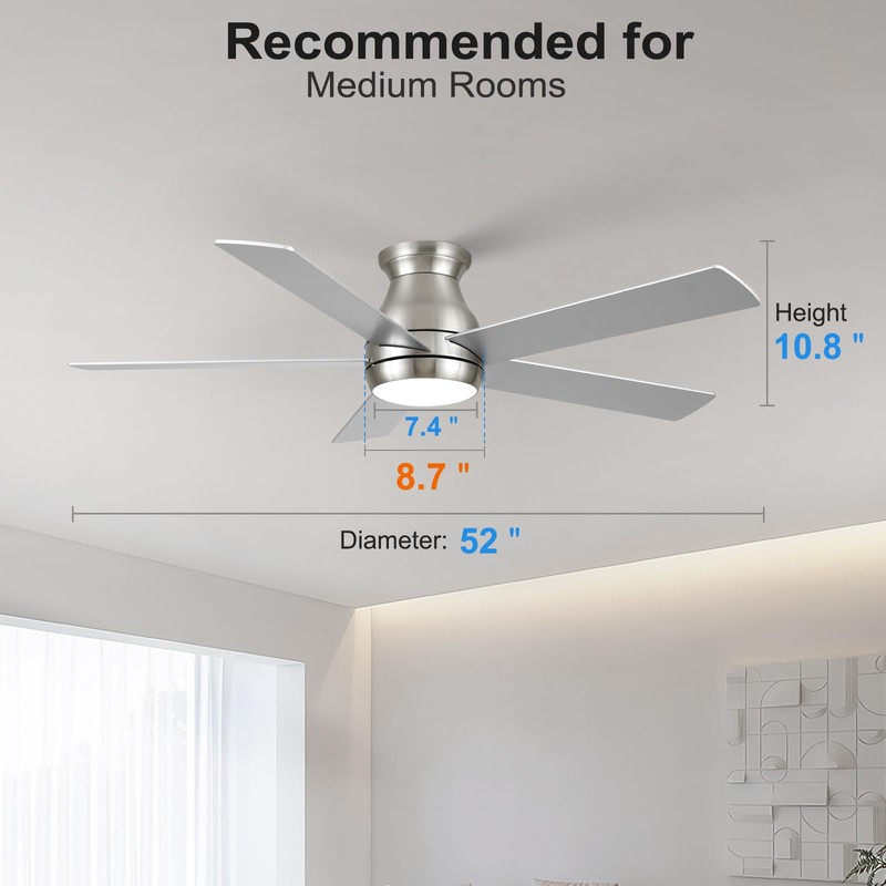 POCHFAN 52 Inch Brushed Nickel Ceiling Fans with Lights and