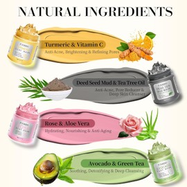 Fiordo 4 Clay Masks (Total 360g) Turmeric Vitamin C Dead Sea Mud Green Tea Avocado Rose Face Mask for Pore Cleansing Skincare 3.17 ounces each for Women's Skincare 4PCS Clay Mask Set / 피오르도 4개 클레이 마스크(총 360g) 강황 비타민 C 사해 진흙 녹차 아보카도 로즈 모공 클렌징용 페이스 마스크 스킨케어 여성 스킨케어용 각 3.17온스 4PCS Clay Mask Set