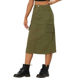 Allegra K Women's Cargo Skirt, Y2K, Adjustable, Casual, A-Line Midi Denim Skirt, Army Green