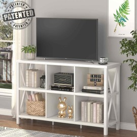 FATORRI 6 Cube Storage Organizer with Shelf, Long Wood and Metal Cubby Bookcase, Industrial Horizontal Bookshelf (White Oak, 47 Inch)