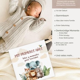 HuBorns - Baby Album First Year to 5 for Gluing Photos, Photo Album Children + 50 Pages and Stickers, Original Memory Book Baby, Photo Album Baby Photo Album for Baby Shower Gift (Friends, Spanish)
