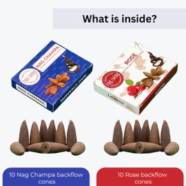 Backflow Incense Cones - Combo Pack of 20 Incense Cones Waterfall - 10 Nag Champa + 10 Rose - Incense Backflow Cones - Waterfall Incense Cones - Incense Waterfall Cones