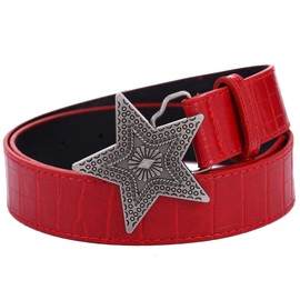 Flimire Western Women Leather Belt with Star Buckle Vintage Ladies Waist Belt for Pants Jeans Cowgirls Belt(Red Star)