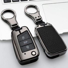 ontto Stylish Key Fob Cover for VW Flip Key Case Key Protector Metal Key Shell Leather Key Skin for Volkswagen Skoda Polo Jetta Golf 7/GTI 7/Golf R R20/MK7 3-Button(1 keycover&1 Keychain) Black