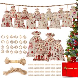 24 Pcs Christmas Advent Calendar Bags, DIY Burlap Hang Countdown Calendar Bags With Numbers, Clips and Twine, 2 Different Size Drawstring Gift Bags For Candy, Choclate, Toy and Jewllery