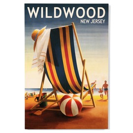Lantern Press 12x18 Inch Premium Wood Sign, Ready to Hang Wall Decor, Wildwood, New Jersey, Beach Chair and Ball