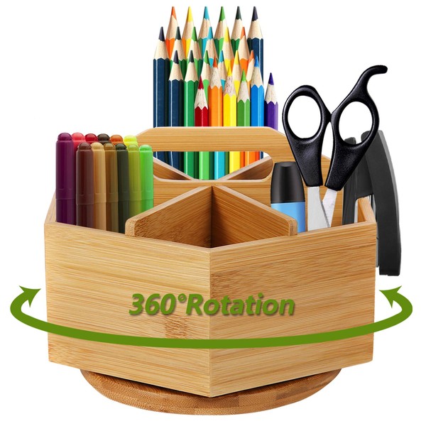 Marbrasse Bamboo Art Supply Organizer, Rotating Pencil Pen Holder, Office Supplies Desktop Storage Caddy, Like Colored Pencils, Pen, Markers, Paint Brushes