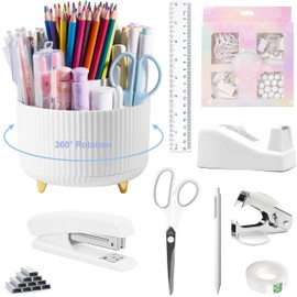Office Desk Accessories, White Office Supplies 360°Pen Holder Desk Organizers And Accessories with Tape Dispenser, Stapler, Staple Remover, 1000 Staples, Tape, Clips Set, Ruler, Scissor, Pen