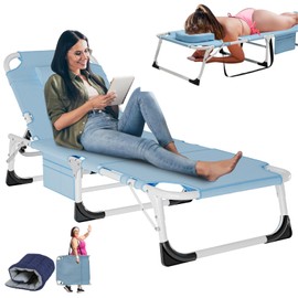 LILYPELLE Folding Chaise Lounge Chair with Mattress, 5 Position Beach Chair with Face Hole, Patio Chaise Lounge Chairs for Outside, Sunbathing, Camping, Pool, Beach, Poolside