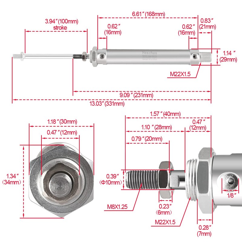 Heschen 空気圧スリムエアシリンダー MAL20-100 PT1/8ポート 20mm ボア 100mm ストローク 複動