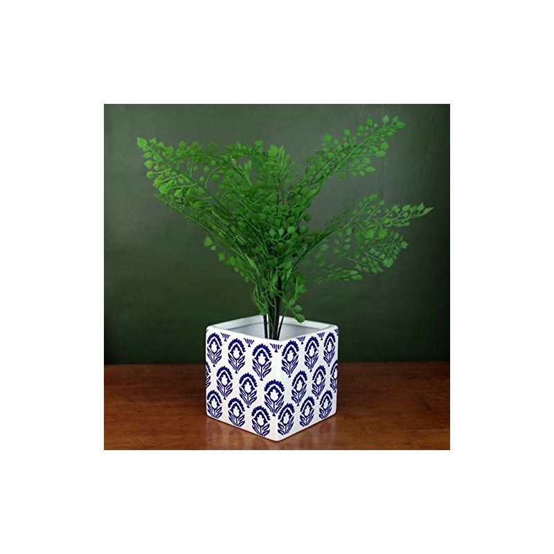 Leaf Ceramic Indoor Cachepot Planters, Blue White Floral Print, 12cm