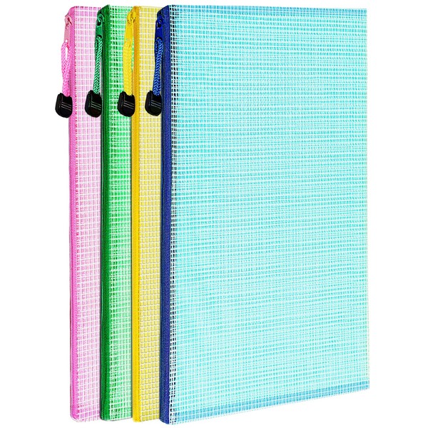 4 Pack Mesh Zipper Pouch, LEOBRO 13.2"x 9.2" A4 Letter