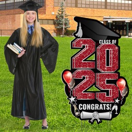 Subacy Extra Large 2025 Graduation Yard Sign 47.2 Inch Congrats Grad Lawn Signs with Metal Stakes Class of 2025 DIY Name Yard Decor for Grad Outdoor Party(Red)