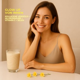 Kollagen Pulver Glow Up – Kollagen Hydrolysat mit Vitamin C, Selen, Hyaluronsäure – 300g (30 Portionen) – Collagen Pulver Ohne Zucker – Frische Zitrone – Schönheit von Innen für Haut, Haare und Nägel