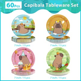 Greencian 60Pcs Capybara Paper Plates 7" Disposable Heavy Duty Cute Cartoon Capybara Dessert Paper Plates Animal Capybaras Themed Tableware Set for Kids Birthday Baby Shower Party Decorations