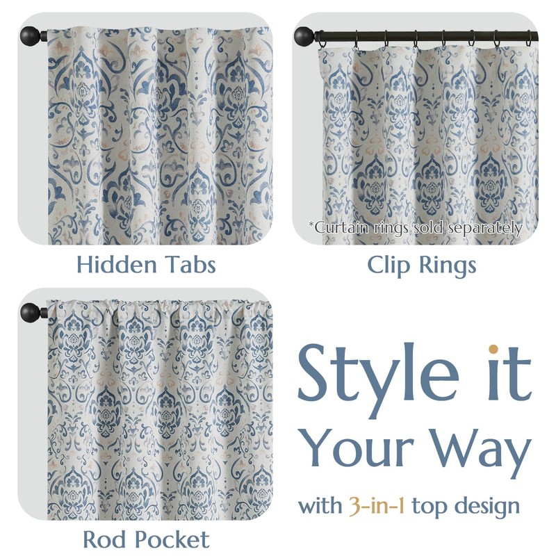 jinchan 100% Blackout Curtains for Bedroom, Damask Patterned Curtains 63