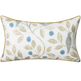 VOGOL Linen Textured Throw Pillow Cover, 12 x 20 Inch Farmhouse Throw Pillowcase, Beige Birds & Leaves Lumbar Pillowcase for Couch Bed Room, 1 Piece Pack with Piping Trim