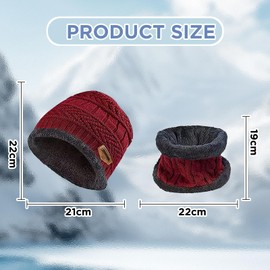 langyoujia Winter Hat, Children's Winter Warm Beanie Hat and Ring Scarf Tube Scarf Set, Beanie Hat with Fleece Lining, Unisex Winter Warm Hat Scarf Set, red