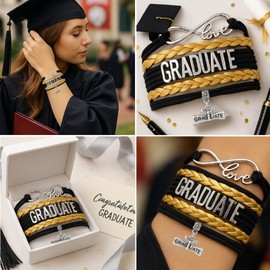 Graduation Bracelet – Black and Gold Infinity Love Bracelet with Graduate and Dragonfly Charms – Adjustable Jewelry Gift for Seniors or Class of 2025