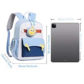 Kids Backpack Elementary School Backpack for Boys and Girls 6-8 Blue Color Patching Kids School Bag Blue with Cute Cartoon Removable Pouch