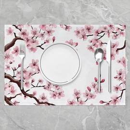Feelyou Kids Cherry Blossoms Placemats Set of 4 Spring Sakura Flower Placemat for Kitchen Dining Table 18"x12" Japanese Style Table Place Mats Floral Botanical Indoor Outdoor Decor Table Mats