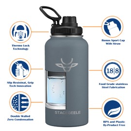 STACEGEELE Insulated Vacuum Water Bottle with Spout Lid & Screw on Top | Stainless Steel Flask For Kids Leak Proof Lightweight Eco Friendly 18oz / 24oz / 32 oz / 40oz(32oz Grey)
