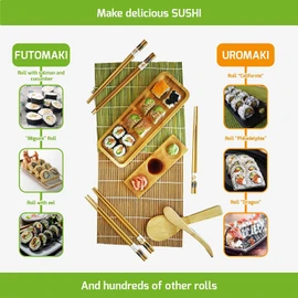 Sushi Making Kit 11 Pcs - Bamboo Sushi Rolling Mat and Serving Set - Make Your Own Sushi at Home - 2 Mats, 5 Pairs Chopsticks with Bag, Paddle, Spreader, Serving Platter, Triplet Sauce Dish with Book